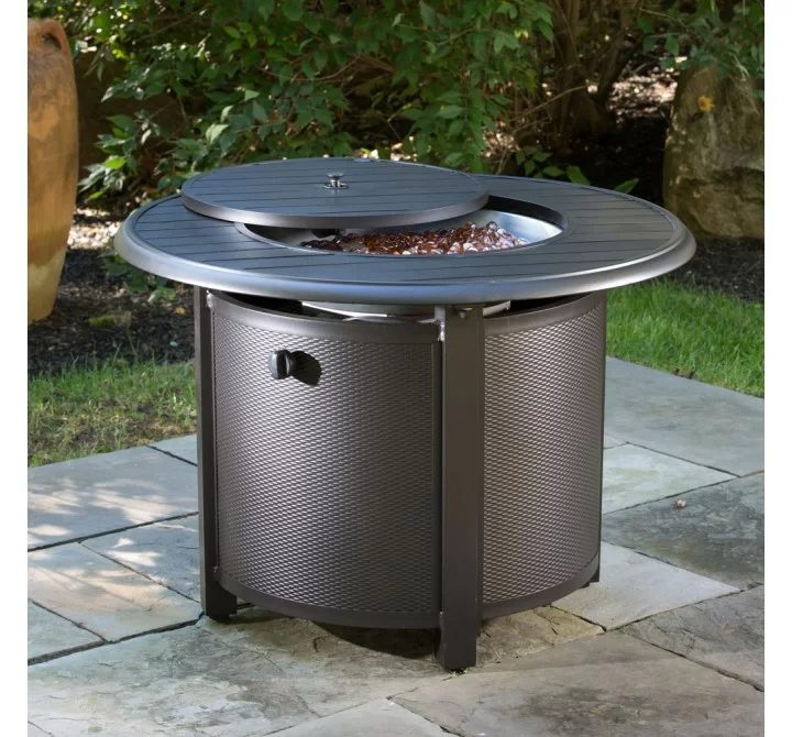 Alfresco Home Bay Ridge 36" Round Gas Fire Pit/Chat Table with Glacier Ice Firebeads - Lifestyle