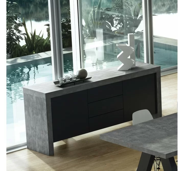 TemaHome Kobe 2 Doors & 3 Drawers Sideboard in Concrete Look & Pure Black - Lifestyle