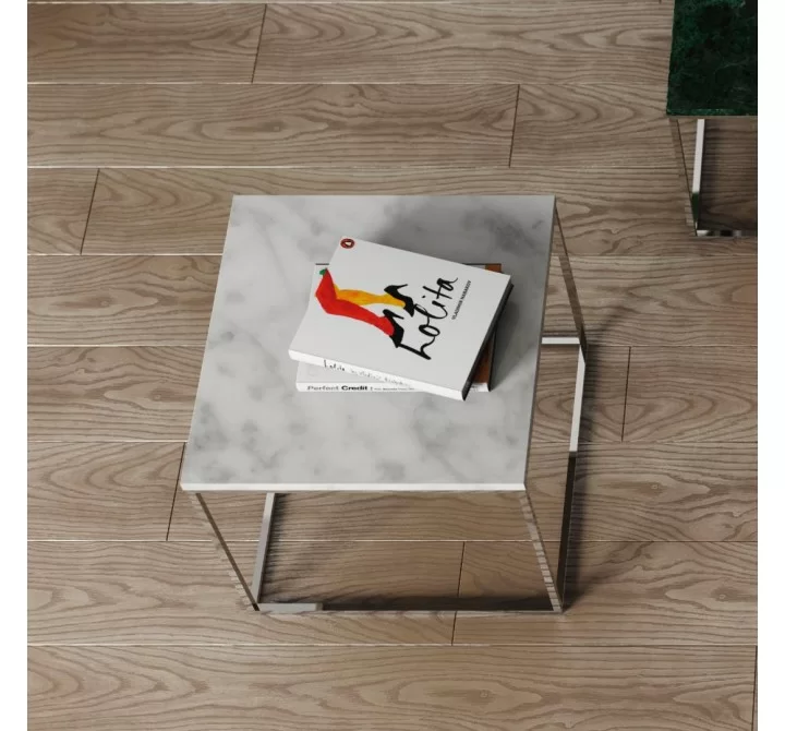 TemaHome Gleam 20x20 Marble Top Side Table in White Marble & Chrome - Lifestyle