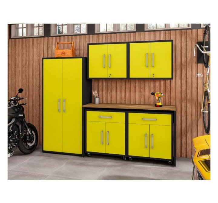 Manhattan Comfort Eiffel 6-Piece Garage Storage Set in Matte Black and Yellow
