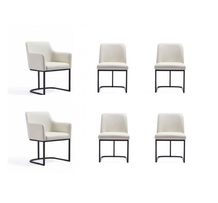 Manhattan Comfort Modern Serena 6 Piece Dining Set Upholstered in Leatherette with Steel Legs In Cream