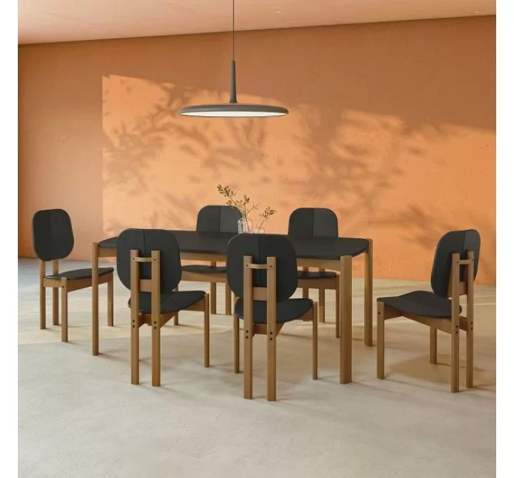 Manhattan Comfort Mid-Century Modern Gales 70.87 Dining Table with Solid Wood Legs - Set of 7 Black