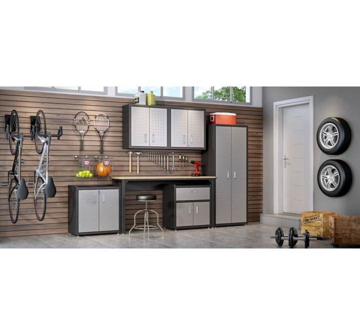6-Piece Fortress Textured Garage Set with Cabinets, Wall Units and Table in Grey - Set