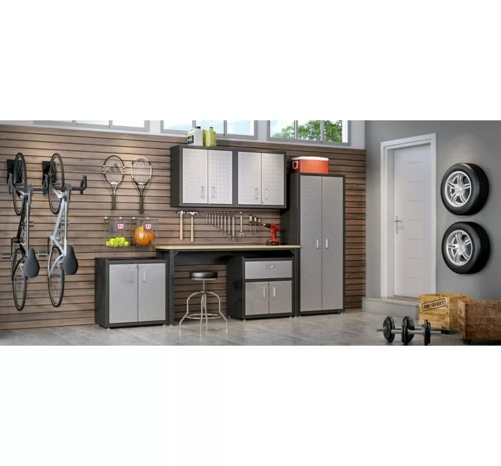 6-Piece Fortress Textured Garage Set with Cabinets, Wall Units and Table in Grey - Set