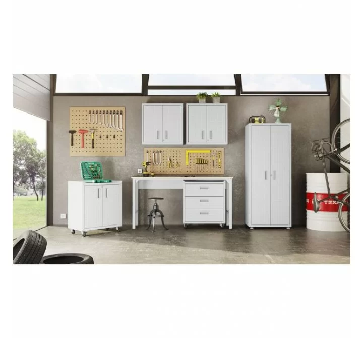 Manhattan Comfort 6-Piece Fortress Textured Garage Set with Cabinets, Wall Units and Table in White