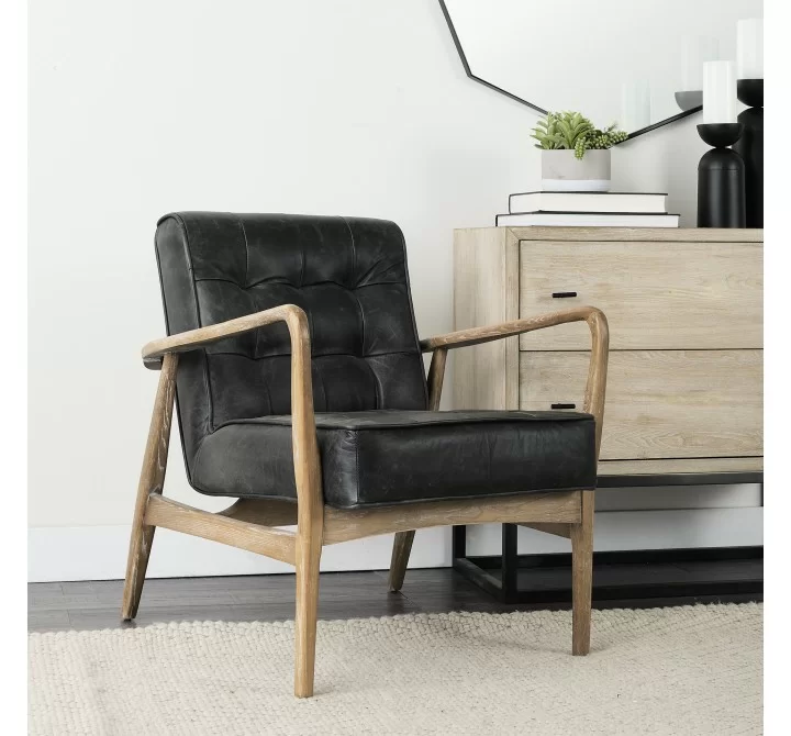 Mercana Phineas Black Leather With Brown Wooden Frame Accent Chair 4