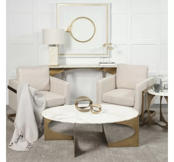 Mercana Reinhold 49" Round White Marble Top Gold Metal Base Coffee Table 