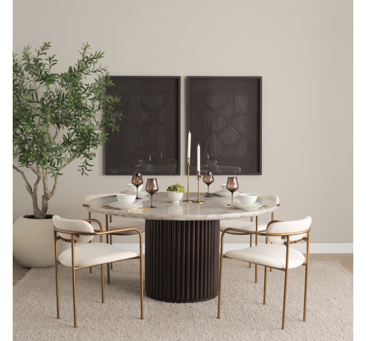 Mercana Parker I Cream Fabric Seat Gold Metal Frame Dining Chair Coffee Table Set