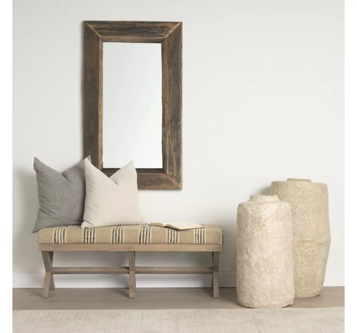 Mercana Solis 50L x 16W Brown Base Upholstered Beige/Black Stripe Seat Accent Bench
