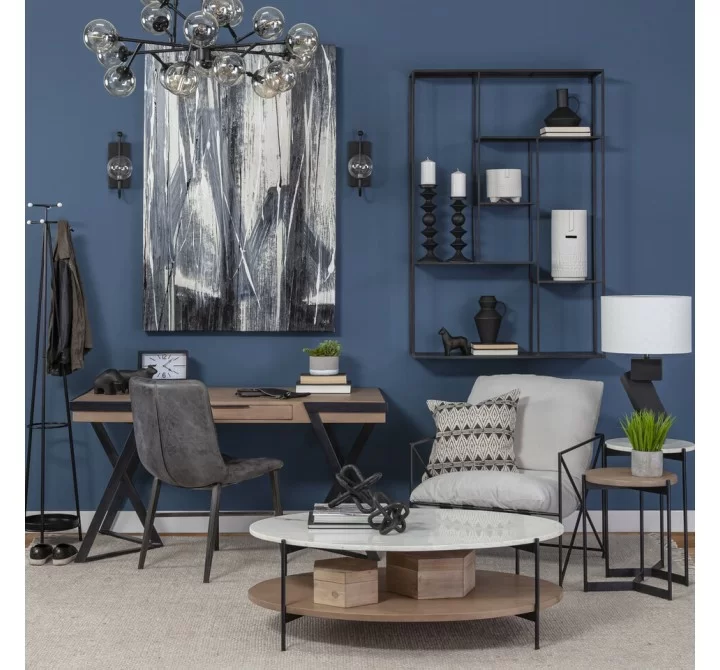 Mercana Larkin 48" Oval White Marble Top and Solid Wood Shelf With Black Metal Frame Coffee Table