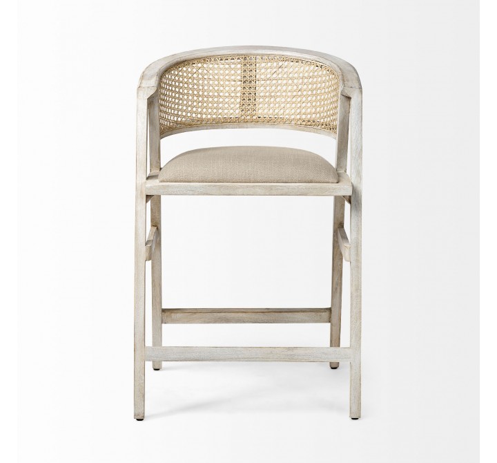 Mercana Tabitha 26.75" Seat Height Beige Fabric/Rattan Seat Blonde Wood Frame Counter Stool Front