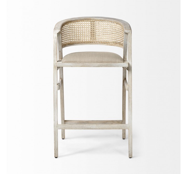 Mercana Tabitha 30.75" Seat Height Beige Fabric/Rattan Seat Blonde Wood Frame Bar Stool Front