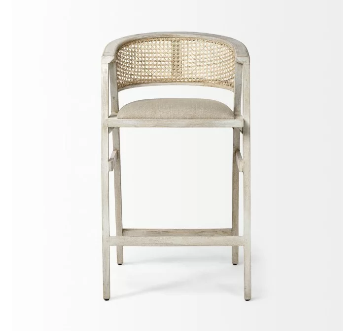 Mercana Tabitha 30.75" Seat Height Beige Fabric/Rattan Seat Blonde Wood Frame Bar Stool Front