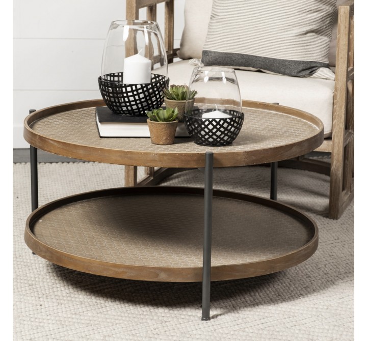 Mercana Kade 33" Round Brown Table Gray Metal Frame Two-Tier Coffee Table