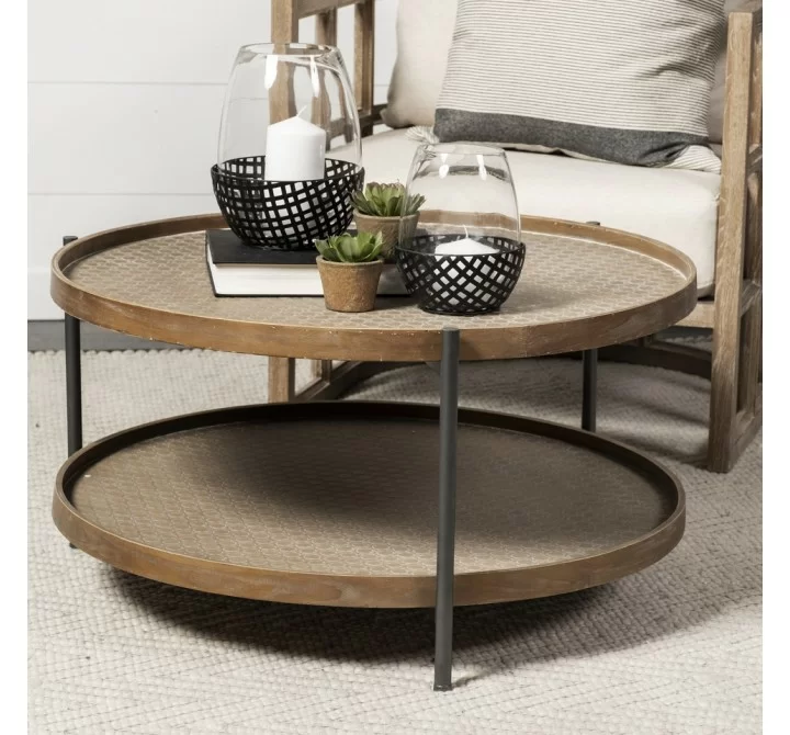 Mercana Kade 33" Round Brown Table Gray Metal Frame Two-Tier Coffee Table