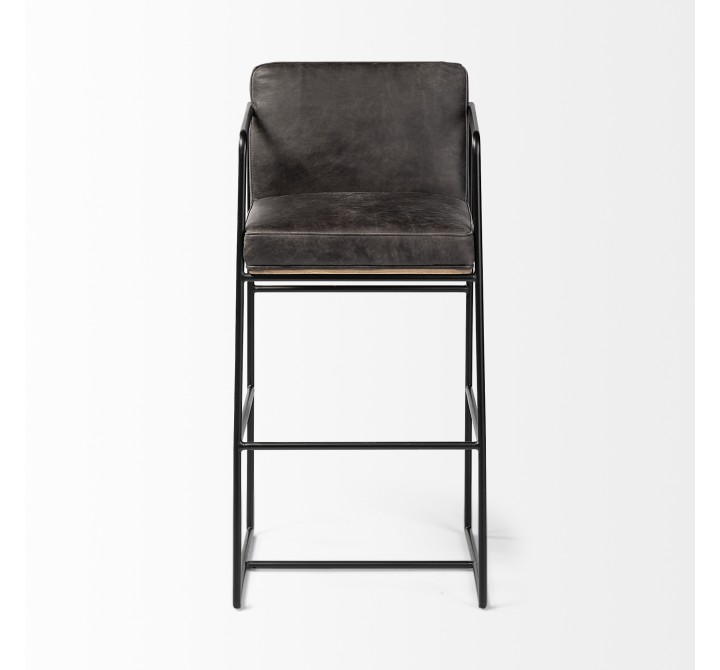Mercana Stamford 40" Total Height Black Leather Seat With Wood Back, Metal Frame Bar Stool Front