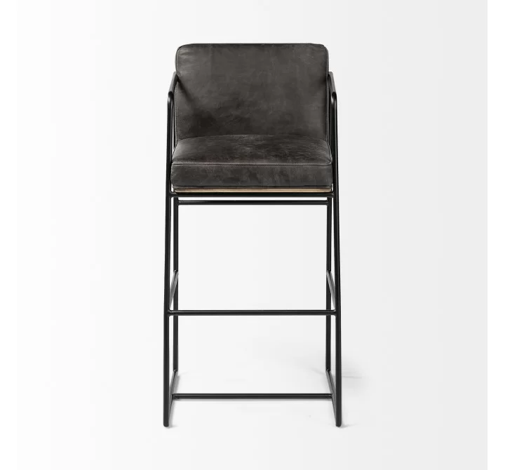 Mercana Stamford 40" Total Height Black Leather Seat With Wood Back, Metal Frame Bar Stool Front
