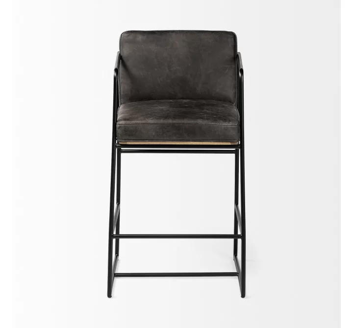 Mercana Stamford 36" Total Height Black Leather Seat With Wood Back, Metal Frame Counter Stool Fornt