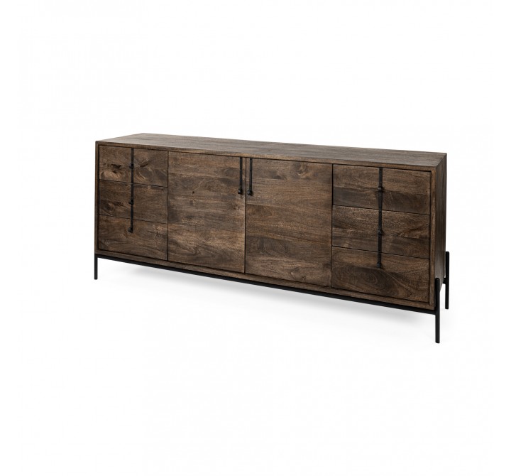 Mercana Glenn VI 71.5x18 Dark Brown Wood Frame w/ Black Iron Accent 6 Drawer 2 Door Cabinet Sideboard 1