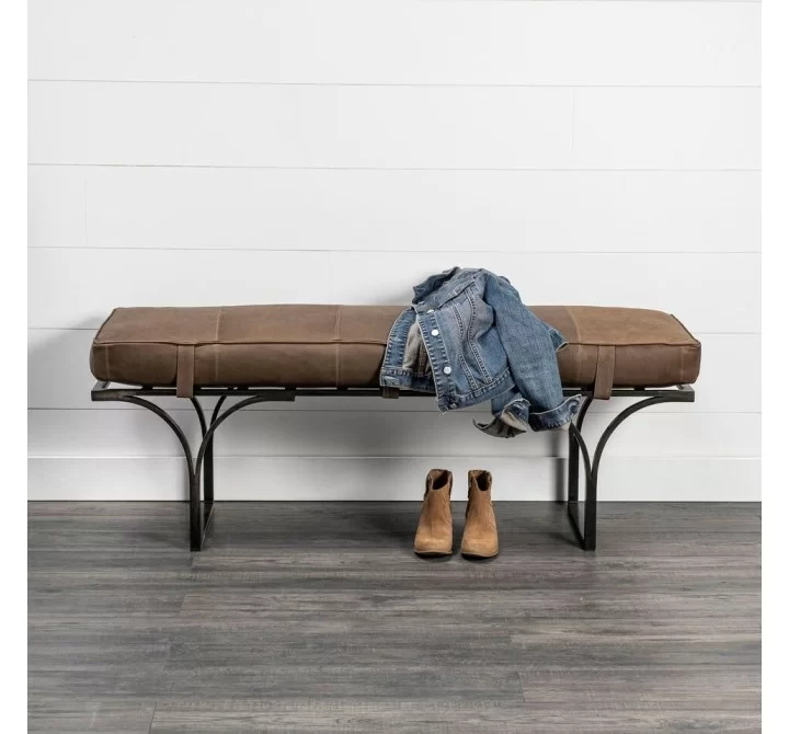 Mercana Jessie 55L x 16W Brown Leather Seat With Gold Metal Base Accent Bench