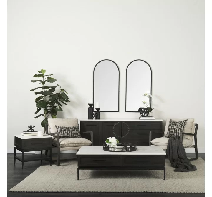 Mercana Divina Black-Brown Wood w/ White Marble Top and Black Metal Base Sideboard 1