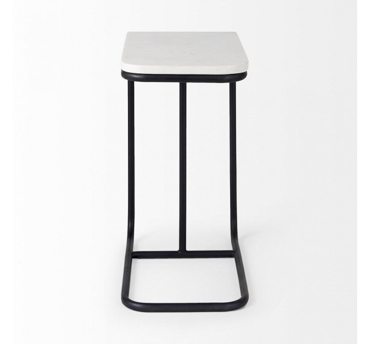 Mercana Kyra 12.0L x 20.0W x 23.0H White Marble Top W/Black Iron Frame C-Shaped End and Side Table Side