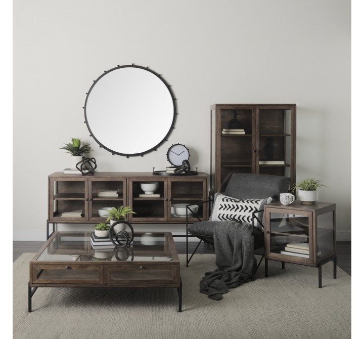 Mercana Arelius 36L x 18W x 63H Medium Brown Wood W/ Black Metal Base Display Cabinet 2