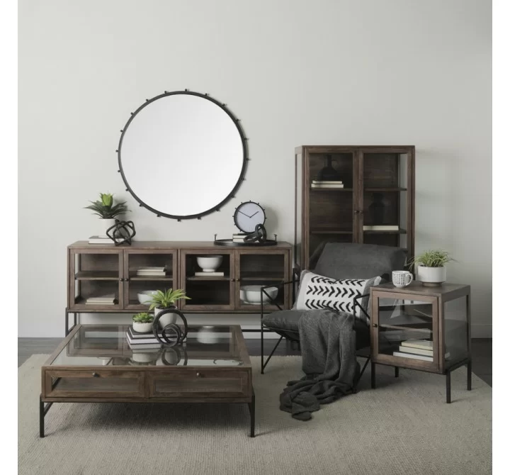 Mercana Arelius 36L x 18W x 63H Medium Brown Wood W/ Black Metal Base Display Cabinet 2