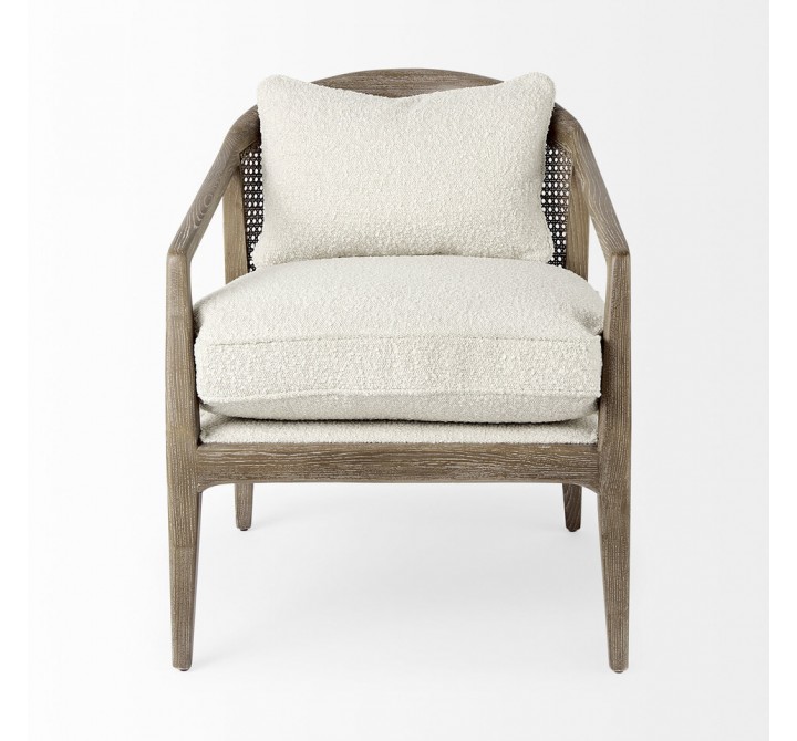Mercana Landon 25.6L x 29.1W x 30.5H Light Brown Wood With Cream Fabric Seat and Cane Back Accent Chair Front