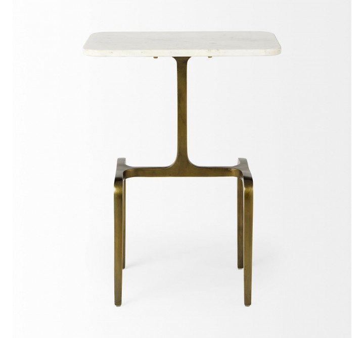 Mercana Preston 17.3L x 11.3W x 22.8H White Marble Top With Gold Metal Accent Table Front