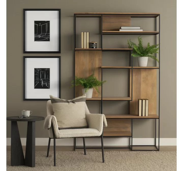 Mercana Morris 47.0L x 15.0W x 75.0H Light Brown Wood With Black Metal Frame 6-Tier Shelving Unit 4