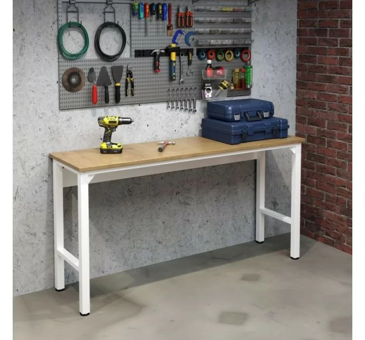 Manhattan Comfort Fortress 72.4" Natural Wood and Steel Garage Table in White