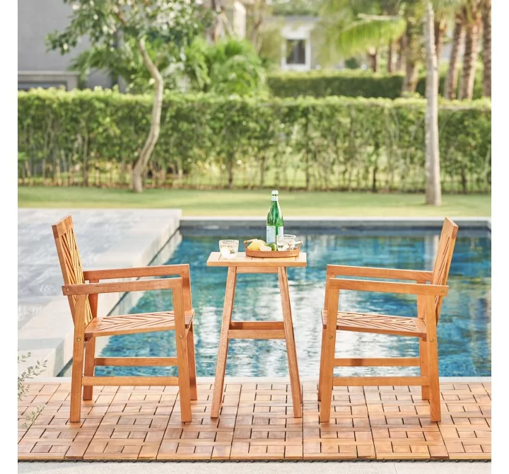 Vifah Olina Honey 3-piece Fish Bone Eucalyptus Wooden Outdoor Convesation Set, Front Angle