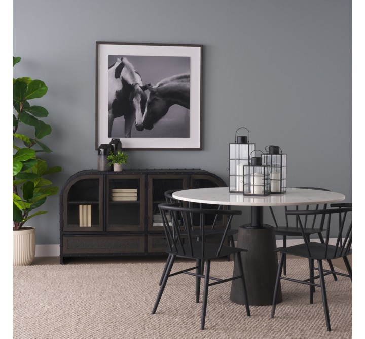 Mercana Maxwell 48L x 48W x 30H White Marble Round Top With Black Metal and Wood Pedestal Base Dining Table 2