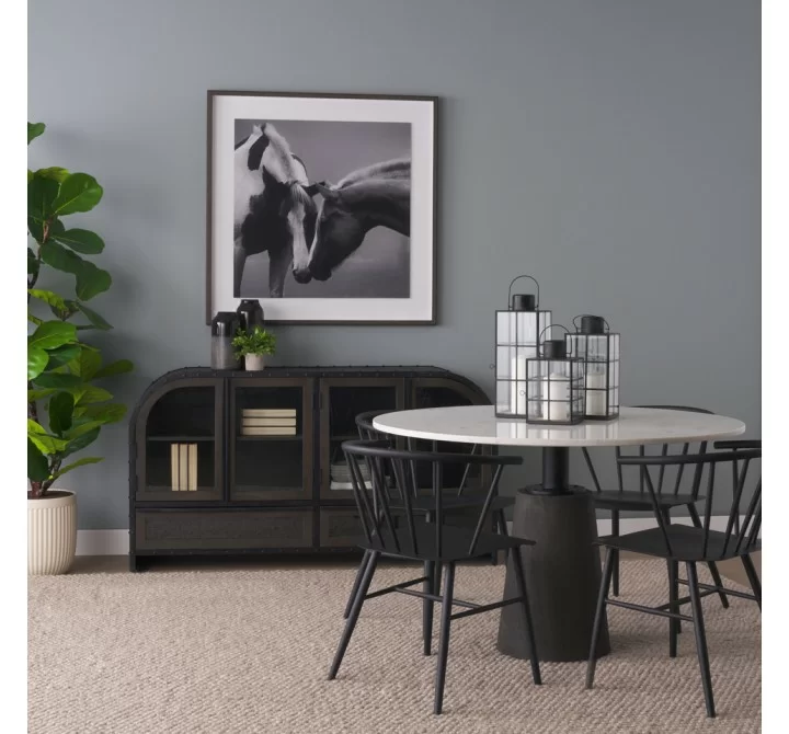 Mercana Maxwell 48L x 48W x 30H White Marble Round Top With Black Metal and Wood Pedestal Base Dining Table 2