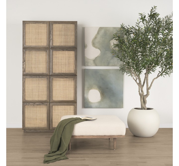 Mercana Shae Brown Wood With Oatmeal Fabric Ottoman