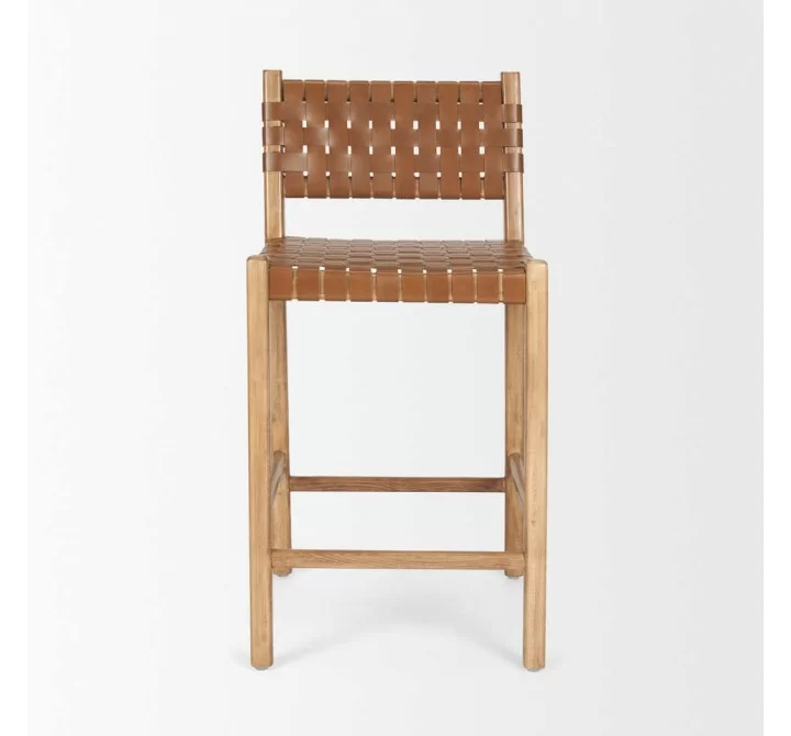 Mercana Shane Brown Wood With Woven Brown Leather Counter Stool Front