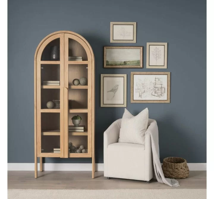 Mercana Callum Light Brown Elm Wood w/ Glass Doors Arched Curio Cabinet