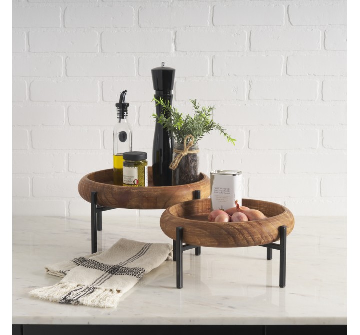 Mercana Wally Round Medium Brown Wood With Matte Black Metal Stand Trays