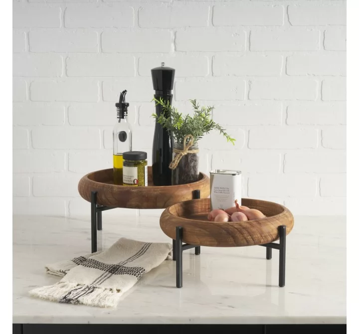 Mercana Wally Round Medium Brown Wood With Matte Black Metal Stand Trays