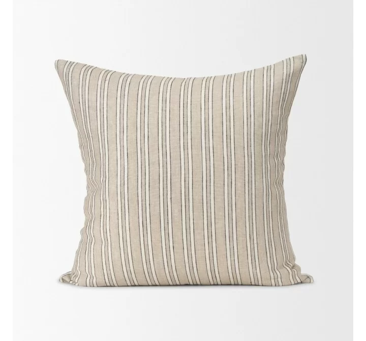 Mercana Jaxon Beige and Black Striped Cotton-Linen Decorative Square Pillow Cover Front
