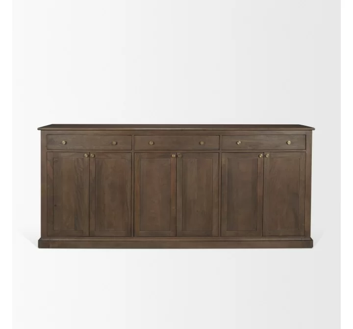 Mercana Braxton Brown Solid Wood w/ Antiqued Aged Brass Knobs 3 Drawer 6 Door Sideboard Dark Brown Front