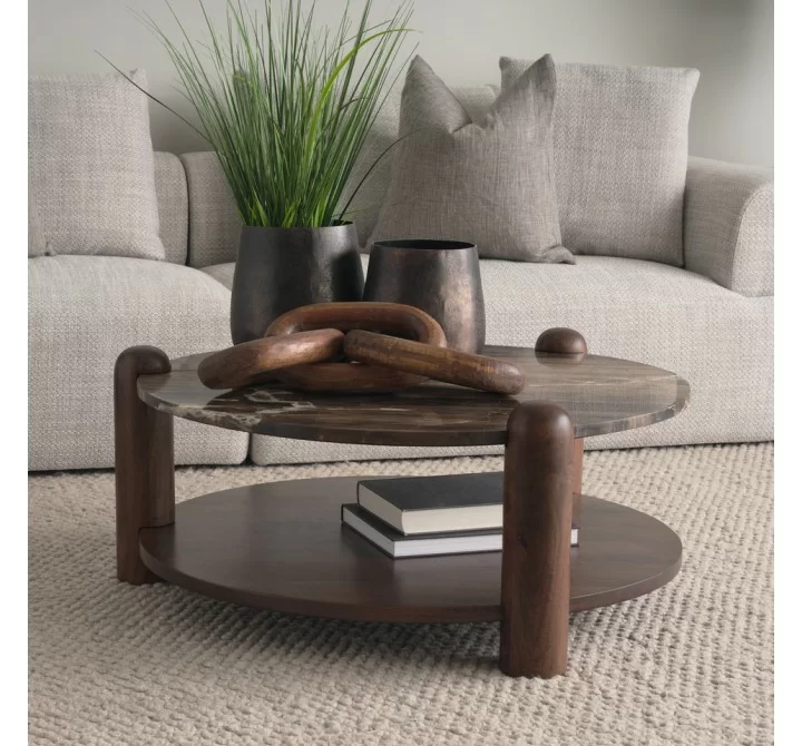 Mercana Jovia Brown Mango Wood With Cappuccino Marble Round Coffee Table 4