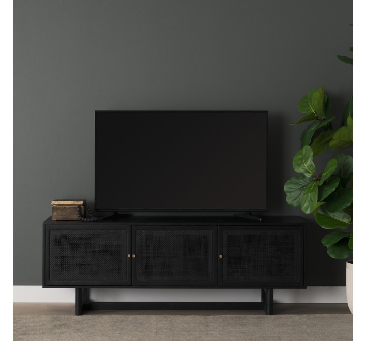 Mercana Grier 65" Black Solid Wood With Black Cane Media Console