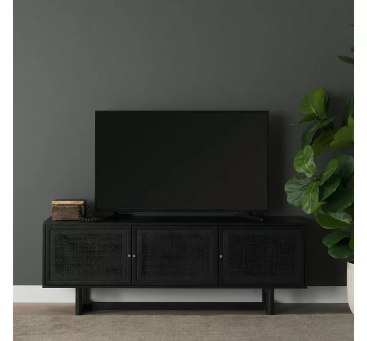 Mercana Grier 65" Black Solid Wood With Black Cane Media Console