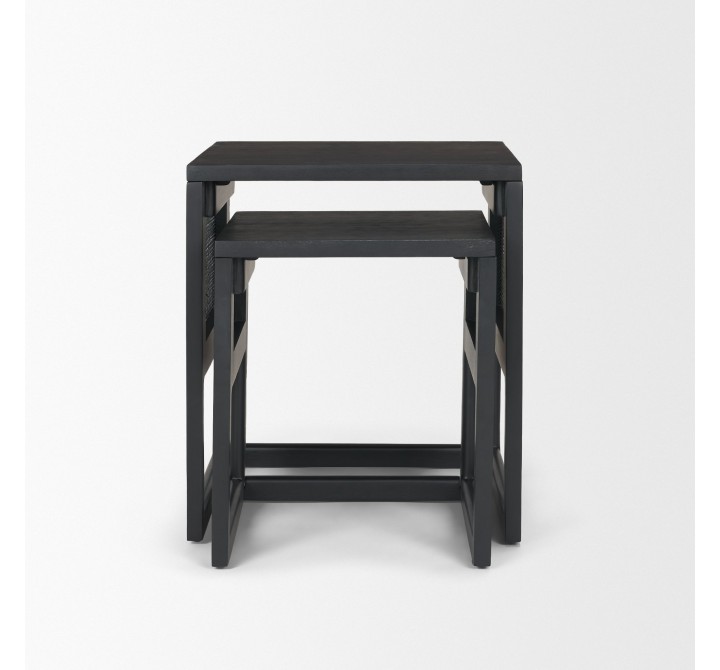 Mercana Grier Set of 2 Black Wood With Black Cane Nesting Accent Tables