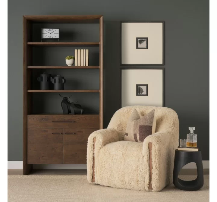 Mercana Huntley Cream Faux Fur Fabric Swivel Accent Chair