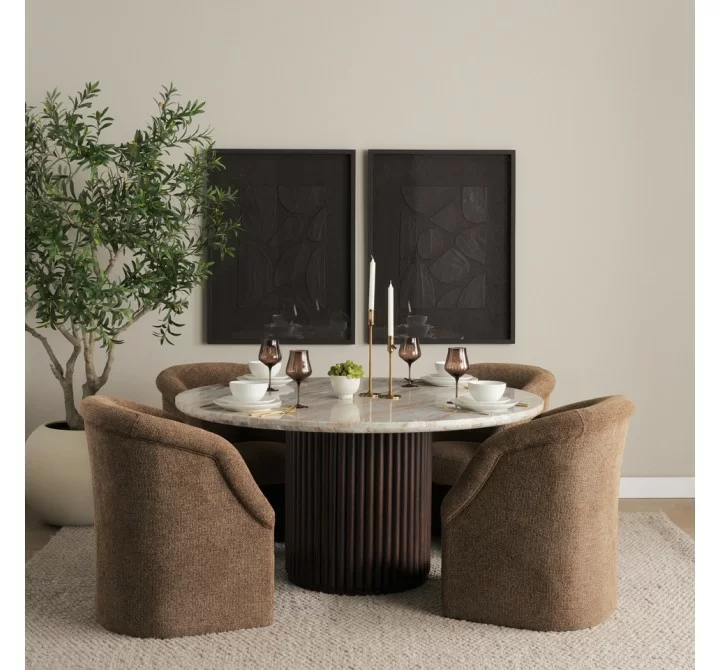 Mercana Marbrello 60" Pink Marble Top Espresso Brown Fluted Wood Round Dining Table