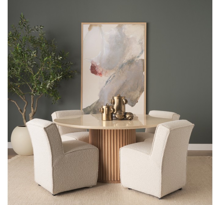 Mercana Marbrello 60" Botticino Marble Top Light Brown Fluted Wood Round Dining Table