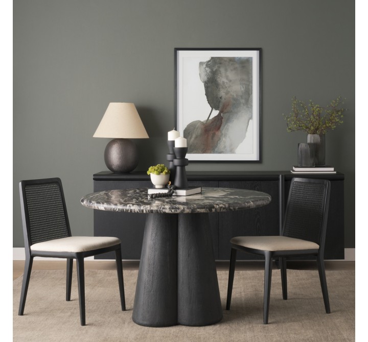 Mercana Marilyn 48" Black Forest Marble Black Wood Pedestal Round Dining Table